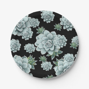 Prato De Papel Mint Rosette Succulents Repete Impressão em Black