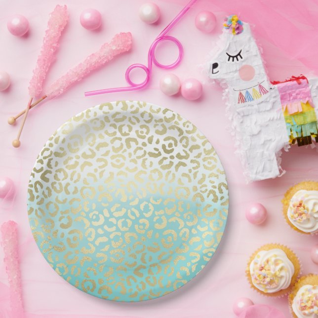 Prato De Papel Mint Watercolor Ombre Glam Dourado Leopardo (Festa)