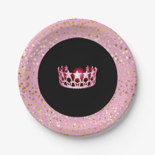 Prato De Papel Miss EUA Crown Paper Plates-Ouro Stars PInk