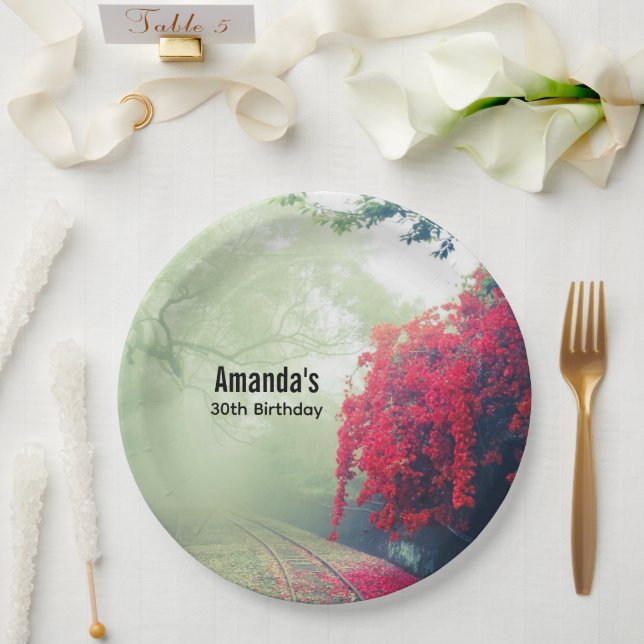 Prato De Papel Misty Railroad Tracks Foto Cênica Aniversário (Casamento)