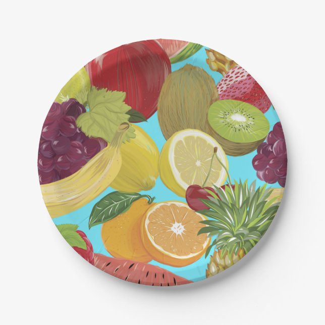 Prato De Papel Mixed Tropical Fruit Illustration Pattern (Frente)