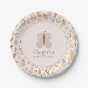 Prato De Papel Moça Rosa Pastel Flores Selvagens e Borboleta