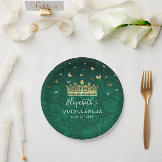 Prato De Papel Modelo da Quinceanera Dourada e Verde