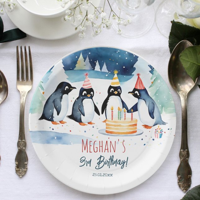 Prato De Papel Modelo de aniversário do Penguin ártico (Penguin arctic winter birthday party tableware personalized template paper plates cute penguins cake)