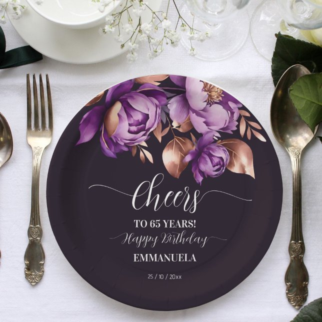 Prato De Papel modelo de festa de aniversário de púrpura de mesa  (Adults Birthday party tableware purple peonies template Paper Plates  rose gold floral party plates)
