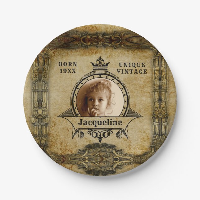 Prato De Papel Modelo de Foto de Aniversário Personalizado Retro  (Frente)