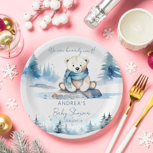 Prato De Papel Modelo de inverno do Ártico do urso polar (Polar bear arctic winter baby shower tableware personalized template paper plates)