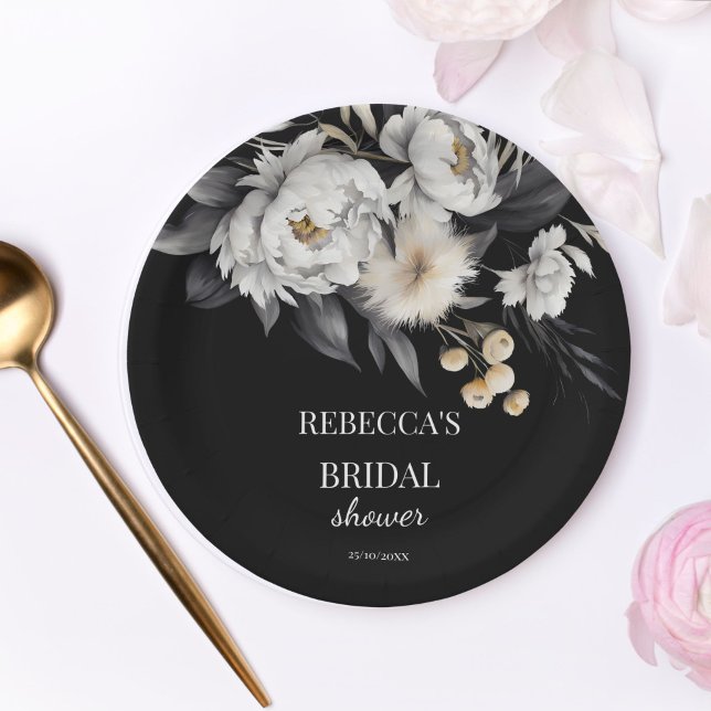 Prato De Papel Modelo de mônios preto e branco (Black and white moody boho bridal shower template paper plates personalized bridal shower tableware )