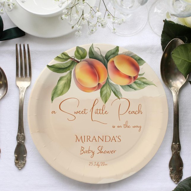 Prato De Papel Modelo de pêssego doce (Sweet little peach baby shower printed template paper plates personalized tableware decor )