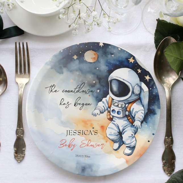 Prato De Papel Modelo do astronauta externo (Outer space astronaut baby shower template paper plates personalized baby shower tableware)