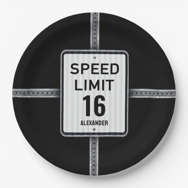 Prato De Papel Modern 16th Birthday Speed Sign (Frente)