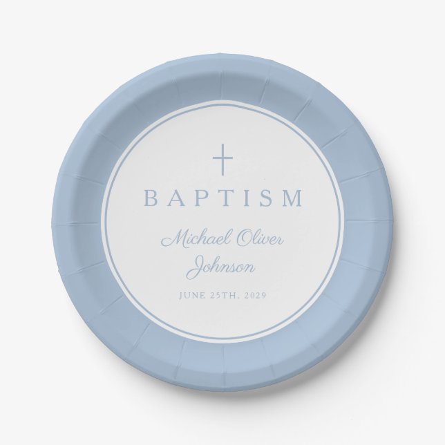 Prato De Papel Modern Baby Blue Religious Cross Baptism (Frente)