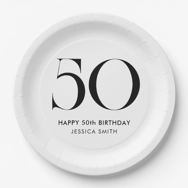 Prato De Papel Modern Black and White Minimalist 50th Birthday (Frente)
