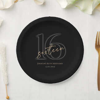 Prato De Papel Modern Black Gold 16th Birthday Party Paper Plates