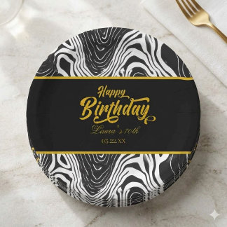 Prato De Papel Modern Black & Gold Agate Happy Birthday 