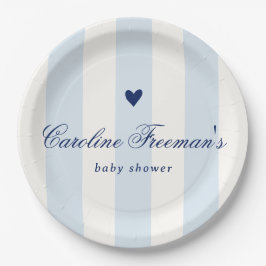 Prato De Papel Modern Blue Stripe Heart Valentine Baby Shower