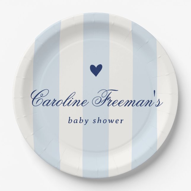 Prato De Papel Modern Blue Stripe Heart Valentine Baby Shower (Frente)