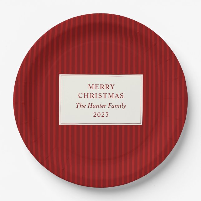 Prato De Papel Modern Christmas Minimal Holiday Red Stripes (Frente)