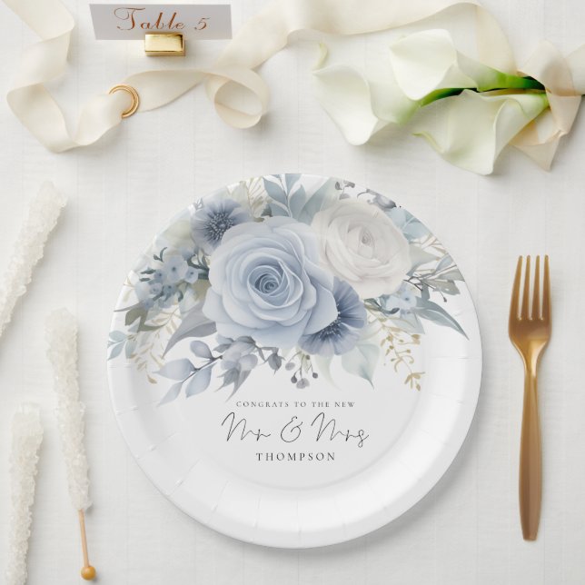 Prato De Papel Modern Dusty Blue Florals felicita a senhora deput (Casamento)