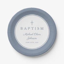 Prato De Papel Modern Dusty Blue Religious Cross Baptism