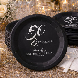 Prato De Papel Modern Elegant Black White Fifty Fabulous Birthday