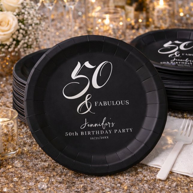 Prato De Papel Modern Elegant Black White Fifty Fabulous Birthday (Criador carregado)