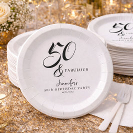 Prato De Papel Modern Elegant Black White Fifty Fabulous Birthday