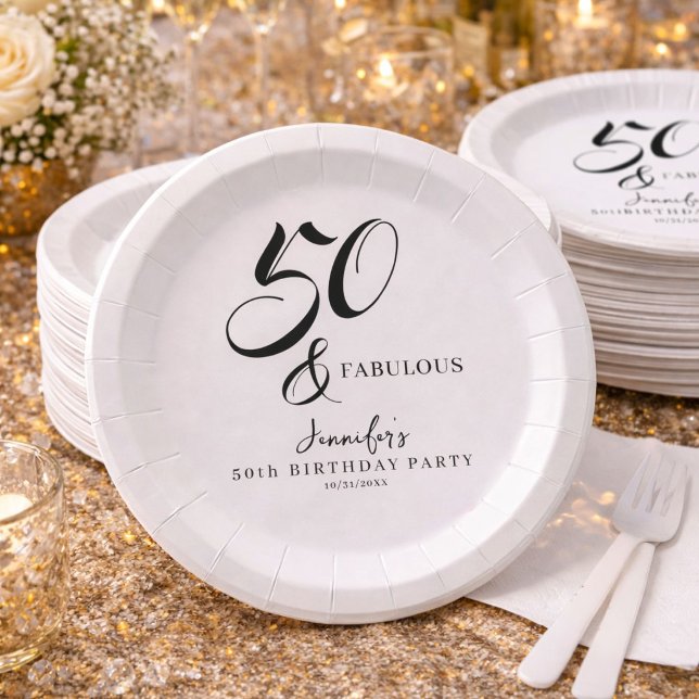 Prato De Papel Modern Elegant Black White Fifty Fabulous Birthday (Criador carregado)