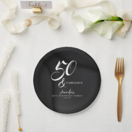 Prato De Papel Modern Elegant Black White Fifty Fabulous Birthday