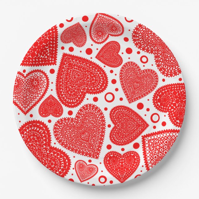 Prato De Papel Modern Fancy Red Graphic Hearts Pattern (Frente)