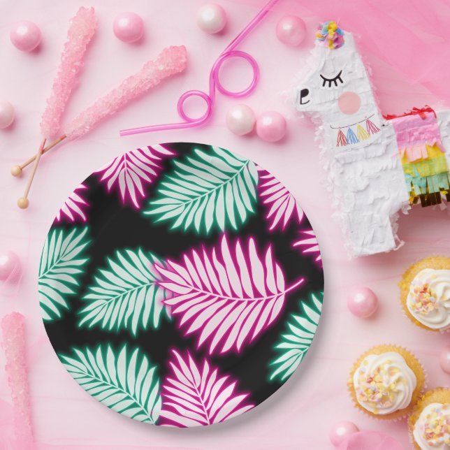 Prato De Papel Modern Faux Neon Pink Green Folhas Tropicais (Festa)
