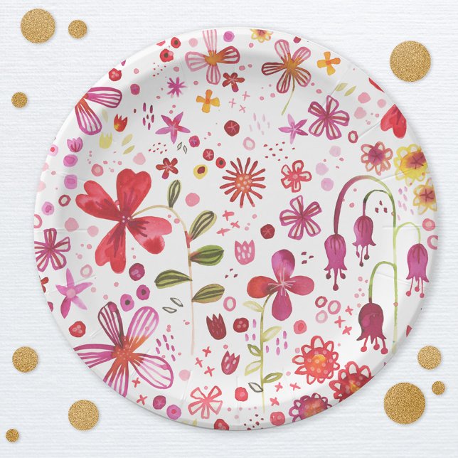 Prato De Papel Modern Floral Watercolor (Watercolor wildflower pink and white paper party plate)