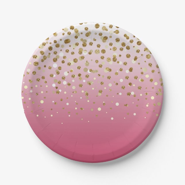 Prato De Papel Modern Girly gold glitter confetti Pink Gradient (Frente)