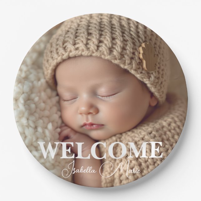 Prato De Papel  Modern Grey and White Photo Birth Announcement (Frente)