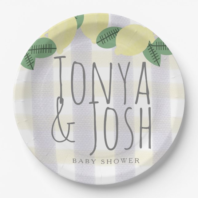 Prato De Papel Modern Lemon Wreath Citrus Yellow Cinza (Frente)