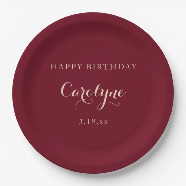 Prato De Papel Modern Minimalist Maroon Birthday  (Frente)