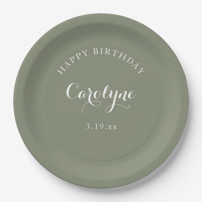 Prato De Papel Modern Minimalist Sage Green Birthday  (Frente)