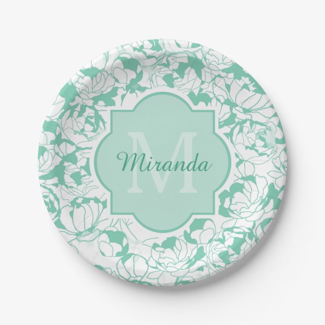 Prato De Papel Modern Mint Green Floral Girly Monograma Com Nome (Frente)