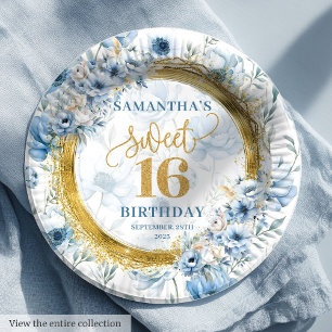 Prato De Papel Modern Pastel Blue Sweet 16 Dourado Partido Glitte
