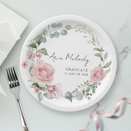 Prato De Papel Modern Pink Roses Script Class of Graduation