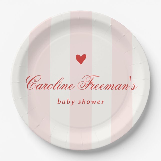 Prato De Papel Modern Pink Stripe Heart Valentine Baby Shower (Frente)
