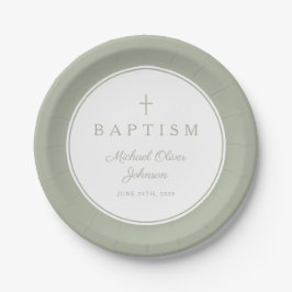 Prato De Papel Modern Sage Green Religious Cross Baptism
