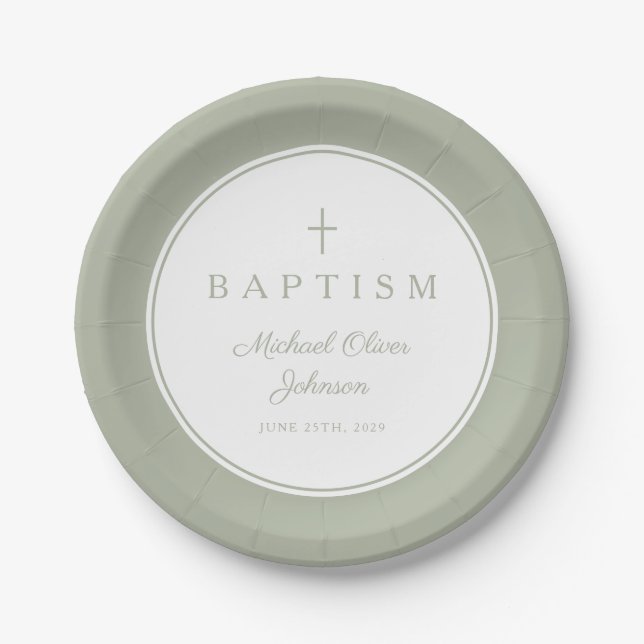 Prato De Papel Modern Sage Green Religious Cross Baptism (Frente)