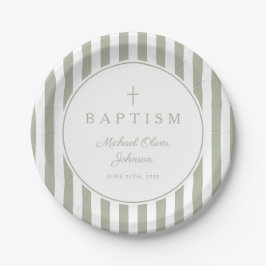 Prato De Papel Modern Sage Green Religious Cross Baptism