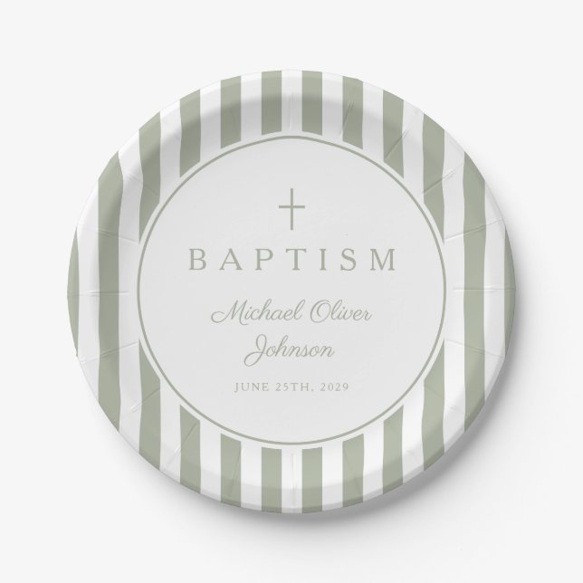Prato De Papel Modern Sage Green Religious Cross Baptism (Frente)