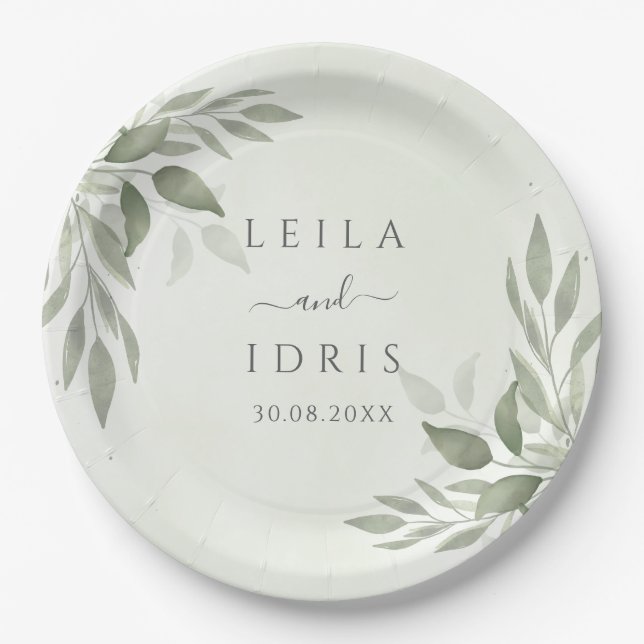 Prato De Papel Modern Sage Greenery Wedding Paper Plates (Frente)