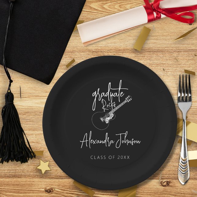 Prato De Papel Modern Script Trendy Guitar Festa de formatura (Modern script cool trendy minimalist country guitar music themed graduation party custom paper plate)