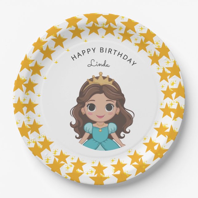 Prato De Papel Modern Star and Disney Princess Birthday gold (Frente)