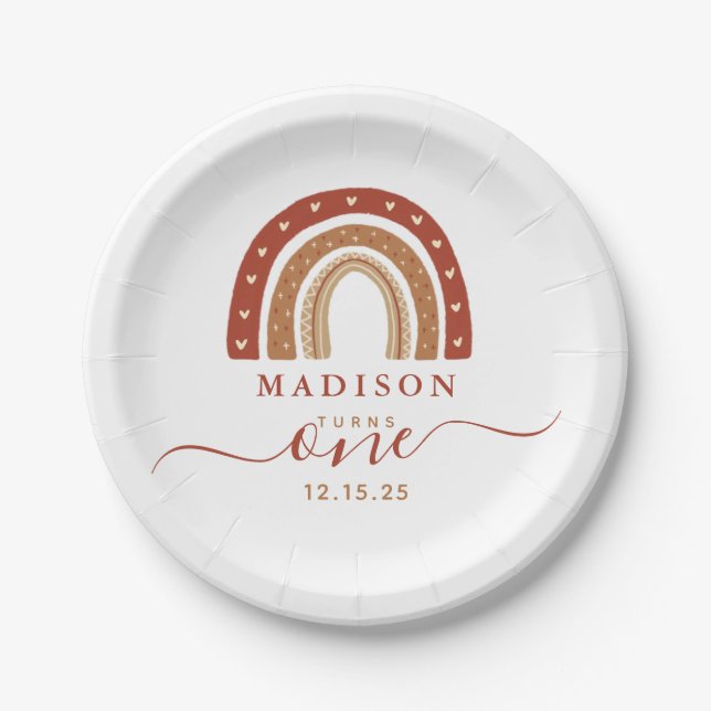 Prato De Papel Modern Terracotta Boho Rainbow Birthday (Frente)