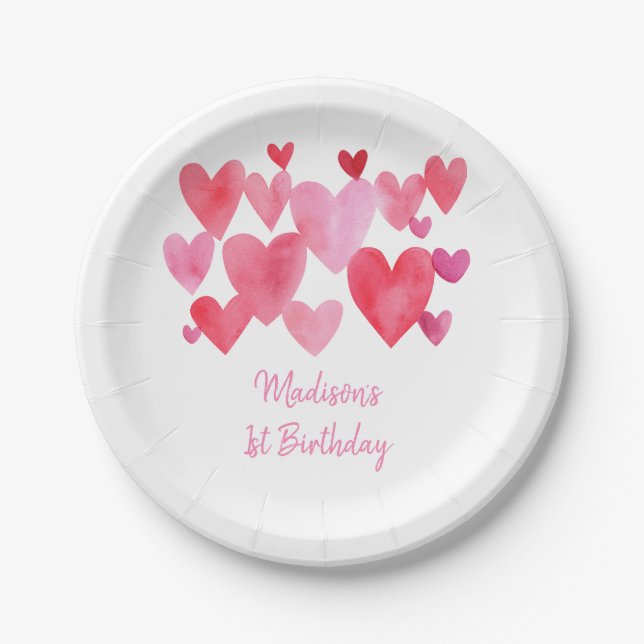 Prato De Papel Modern Watercolor Heart Aniversário (Frente)